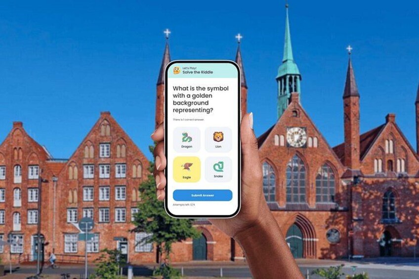 A hand holding a smartphone with a riddle app against a backdrop of a red brick church. 1