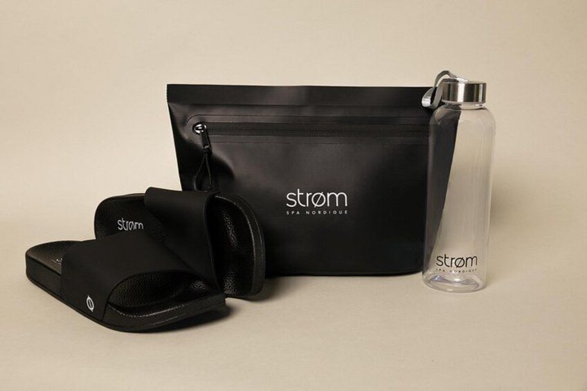 A black bag with the word 'strom' and a clear water bottle with the same branding. 2
