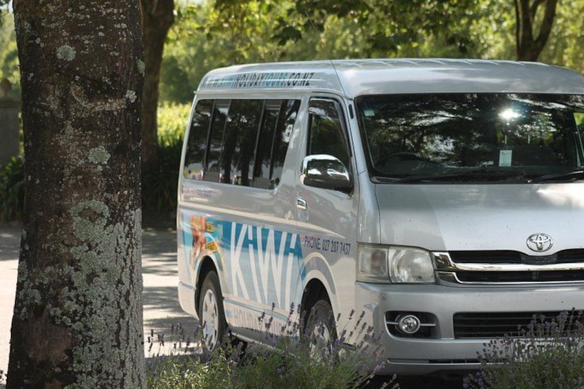 Una camioneta plateada con la marca 'KAWA' estacionada junto a un árbol. 1
