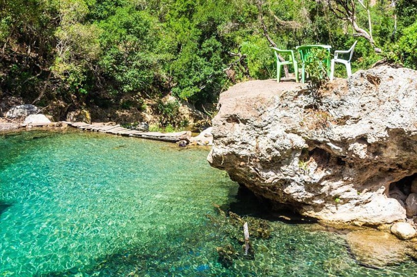 A clear blue pool surrounded by rocks and greenery. 5