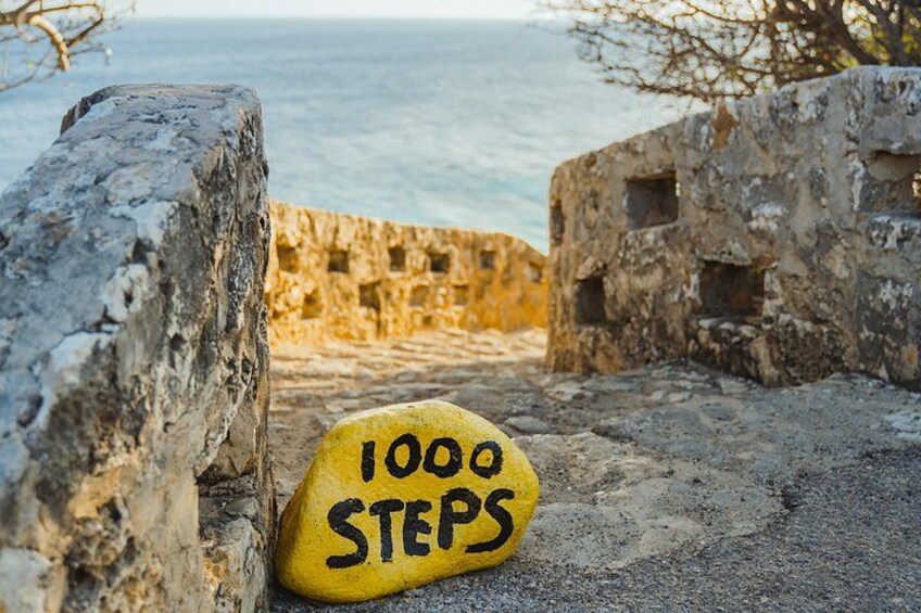 A yellow rock with '1000 STEPS' written on it, placed on a stone pathway by a sea wall. 2