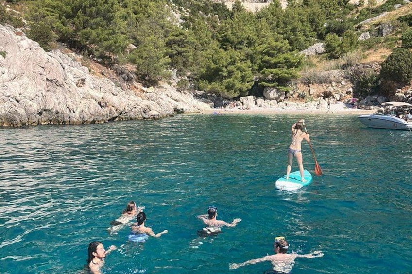 A group of people paddleboarding on a clear blue sea with rocky cliffs and pine trees in the background. 5