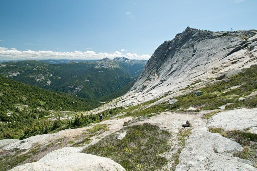 A mountainous landscape with a rocky path, green forest, and distant snow-capped peaks. 1