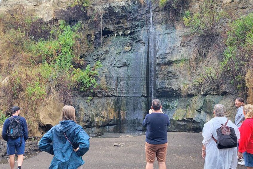 Een groep mensen bekijkt een waterval. 4