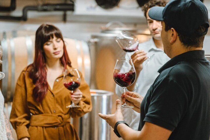 People holding wine glasses in a winery setting. 4