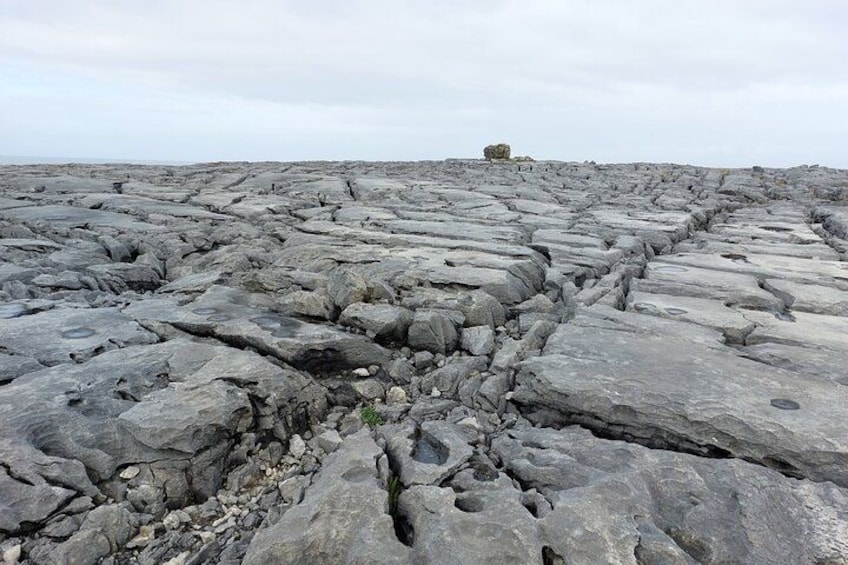 A rocky landscape with large boulders and a distant hill. 2