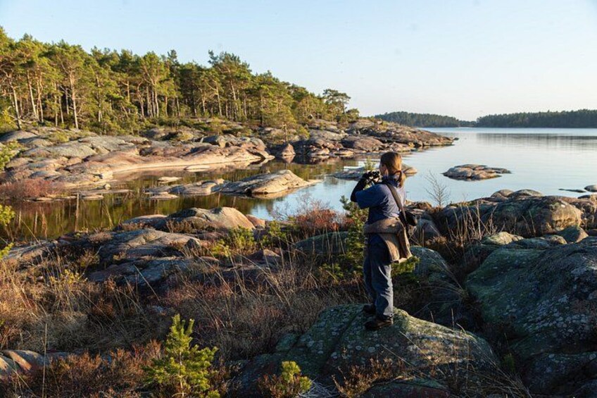 A person standing on a rock by a lake surrounded by trees. 2