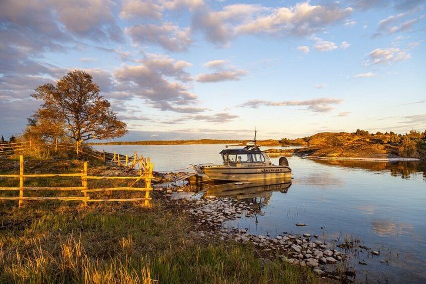 A calm river with a wooden fence, a boat named 'Vineyard,' and a tree on the bank. 2
