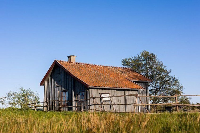 Een rustieke houten schuur met een rood dak, omringd door hoog gras en bomen onder een heldere blauwe lucht. 2