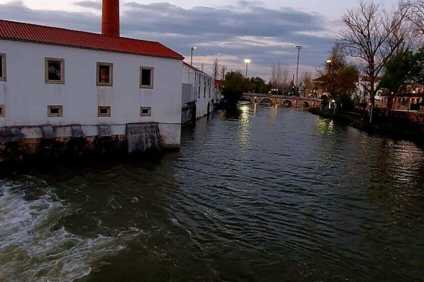 A river with a white building and a red chimney on the left, a bridge in the middle, and trees and a street on the right. 4