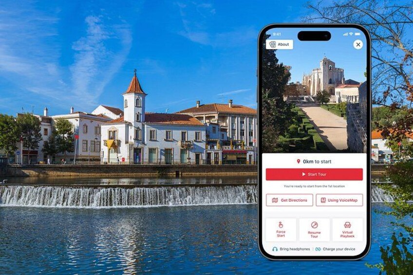 A smartphone displaying a map with a message '9 km to start' and options for starting a tour, getting directions, using voice navigation, and other features. 1