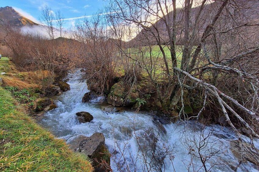 Un río caudaloso con rocas y árboles. 4