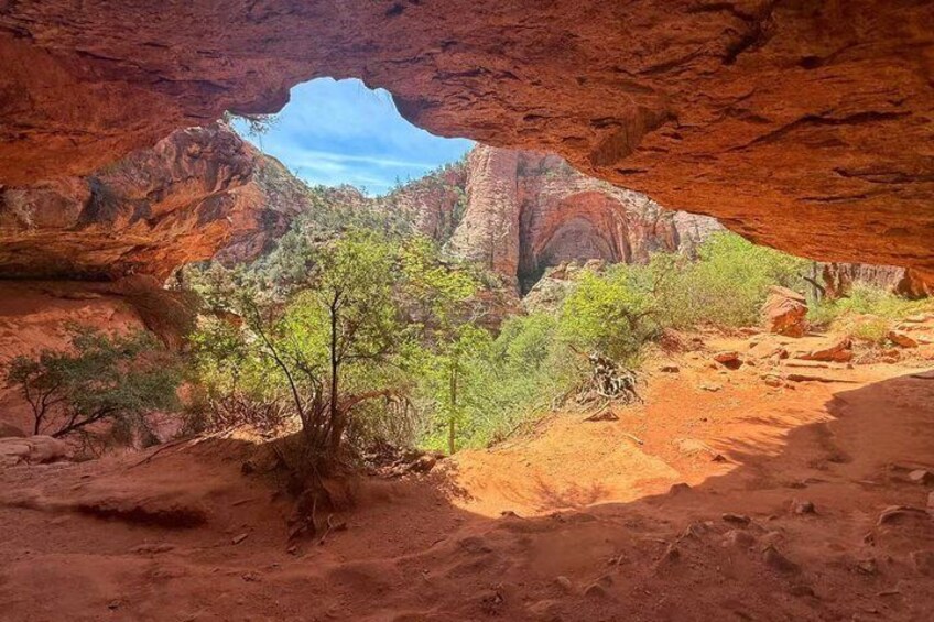 A red rock canyon with a tree in the foreground and a blue sky visible through a natural archway. 5