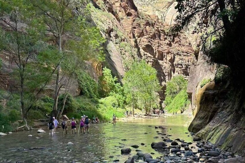 A group of people standing in a river surrounded by rocky cliffs and greenery. 4