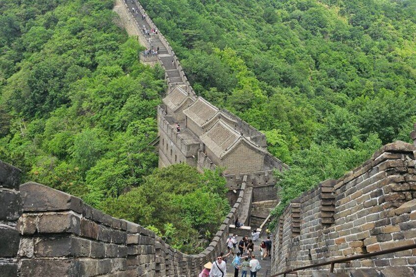 De Chinese Muur slingert door glooiende groene heuvels. 5
