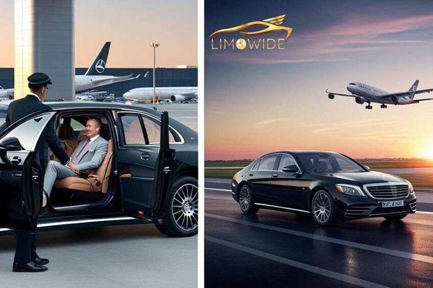 A luxury car with its door open, a person inside, and an airplane in the background. 1