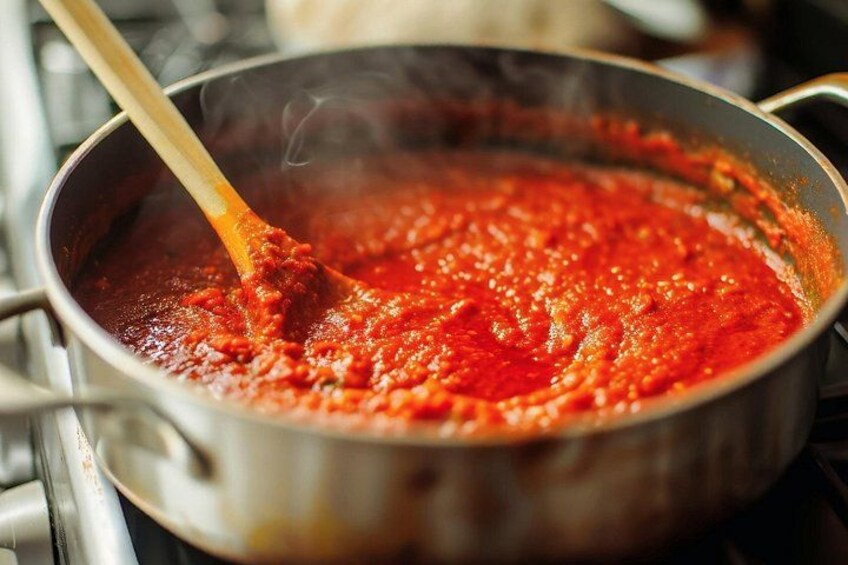 A pot of red sauce being stirred on a stove. 2
