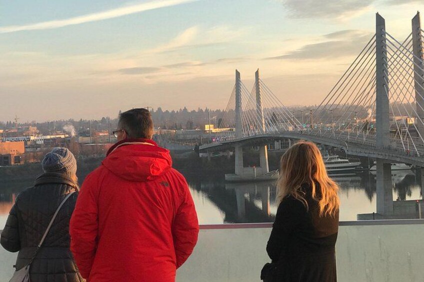 A bridge over a body of water with a cityscape in the background. 2