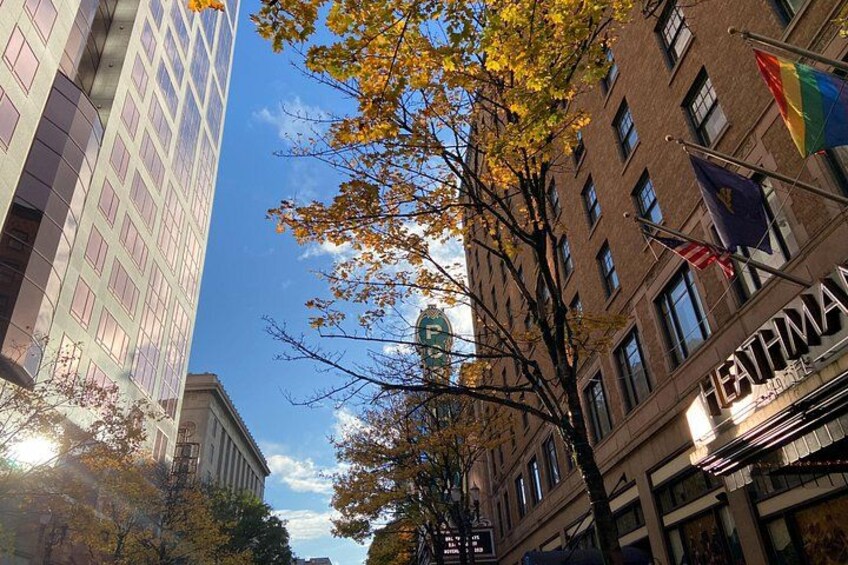 A city street with autumn foliage, a hotel named 'HEITMAN,' and a clear sky. 3