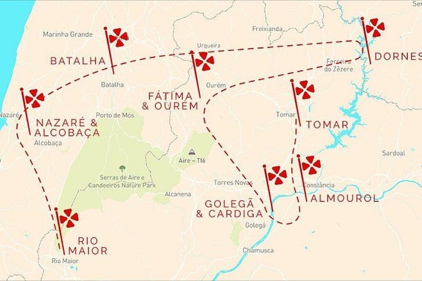Une carte du Portugal mettant en évidence des régions telles que Nazaré, Albufeira et Lisbonne. 5