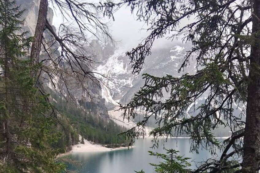 Un lac paisible, entouré d’une forêt dense et de montagnes aux sommets enneigés. 5