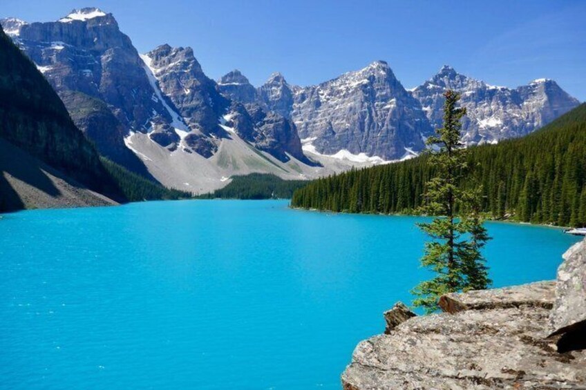 A turquoise lake surrounded by mountains and dense forest. 5
