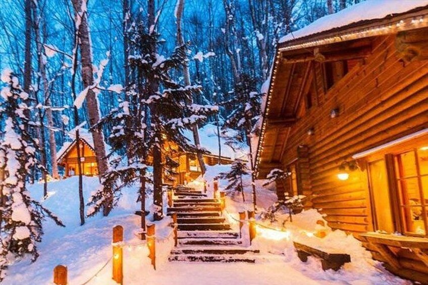 A wooden cabin with a snow-covered roof, surrounded by trees and a snowy landscape. 3