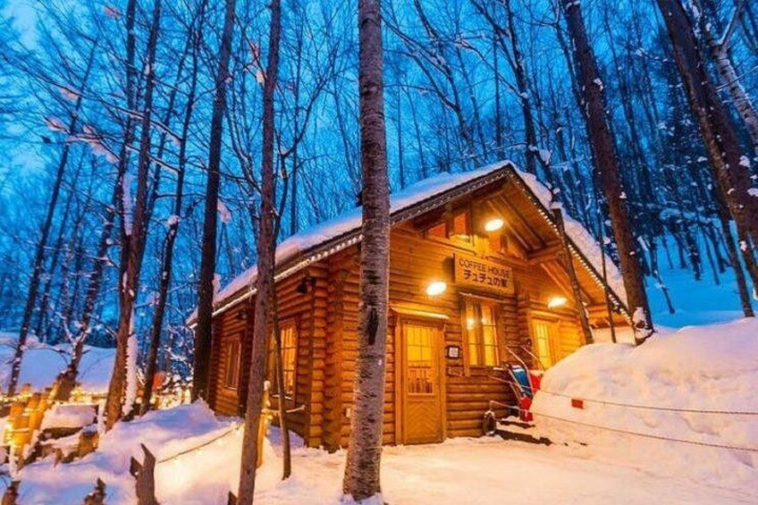 A wooden cabin with a sign that reads 'Coffee House' surrounded by snow-covered trees. 2