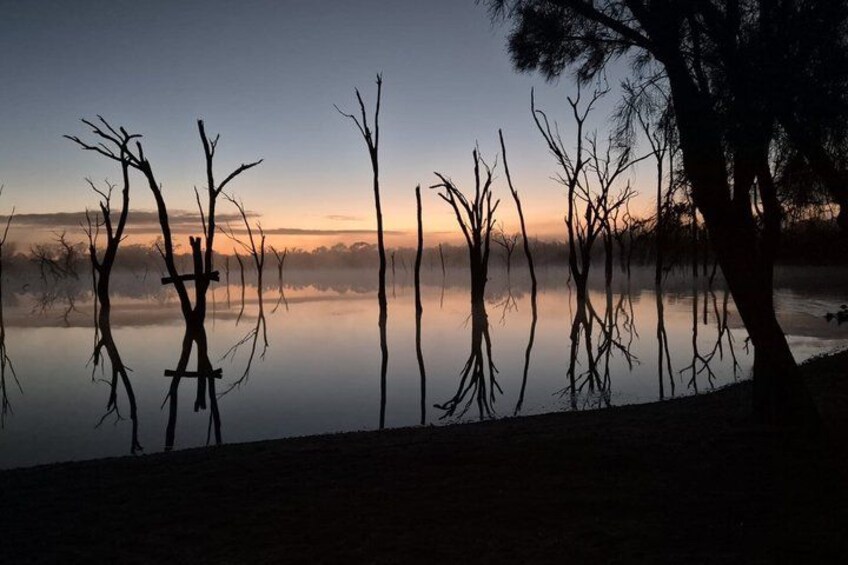 A calm lake at dusk with bare trees silhouetted against the sky. 2