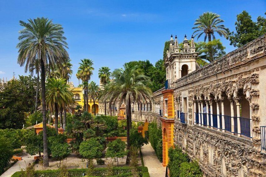 Un edificio histórico con arquitectura ornamentada, palmeras y un cielo azul despejado. 2