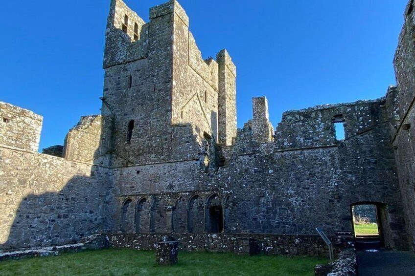 Un château médiéval doté de murs en pierre, d’une tour centrale et d’une cour verdoyante. 2