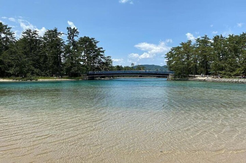A beach with clear water, a bridge, and trees. 5