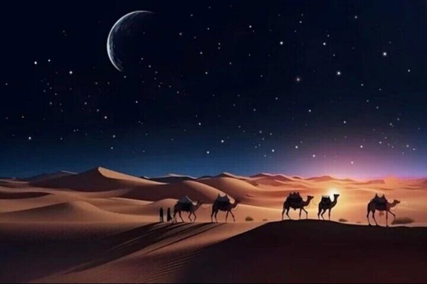 Paesaggio desertico al tramonto con cammelli e cavalieri. 2