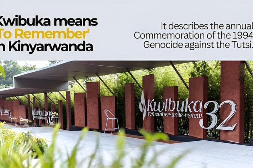 A memorial with the inscription 'Kwibuka 32' and the phrase 'To Remember' in a modern outdoor setting. 2