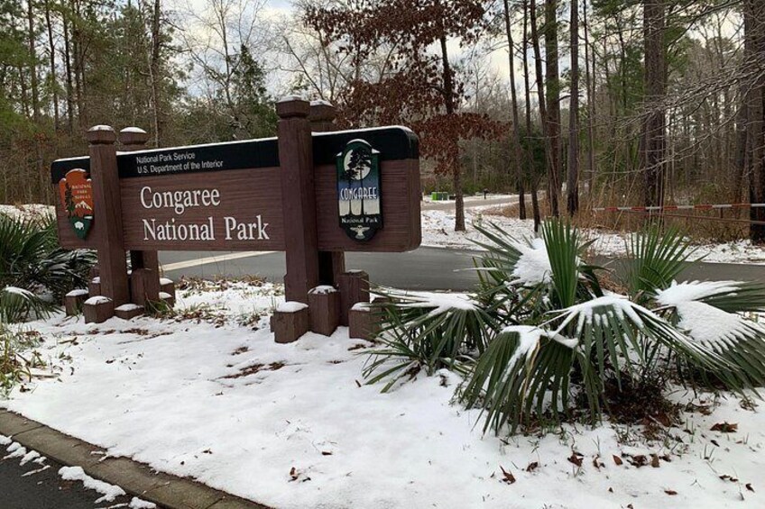 A Congaree National Park sign with snow on the ground. 4