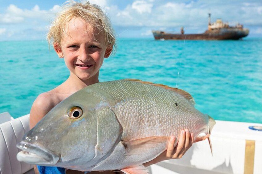 En person som håller i en stor fisk, ett fartyg i bakgrunden och en klar, blå himmel. 5