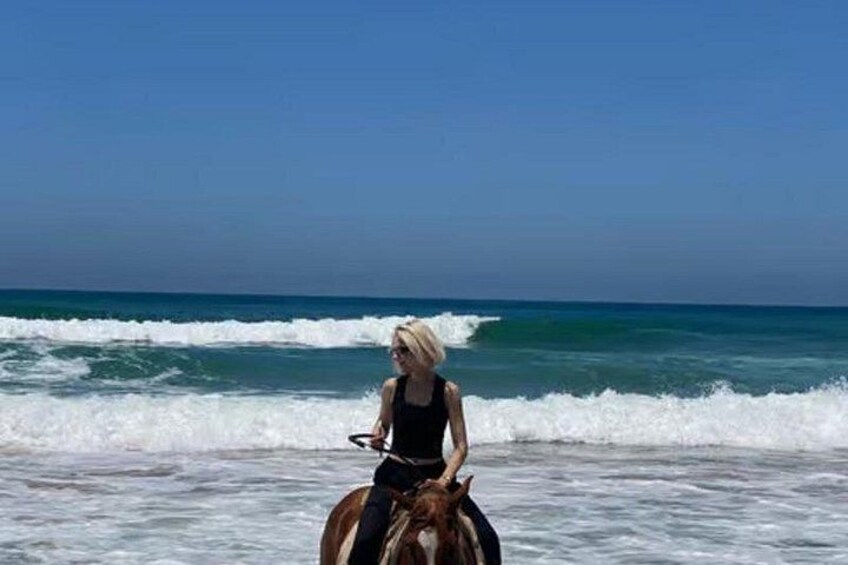 A person riding a horse on a beach with waves in the background. 5