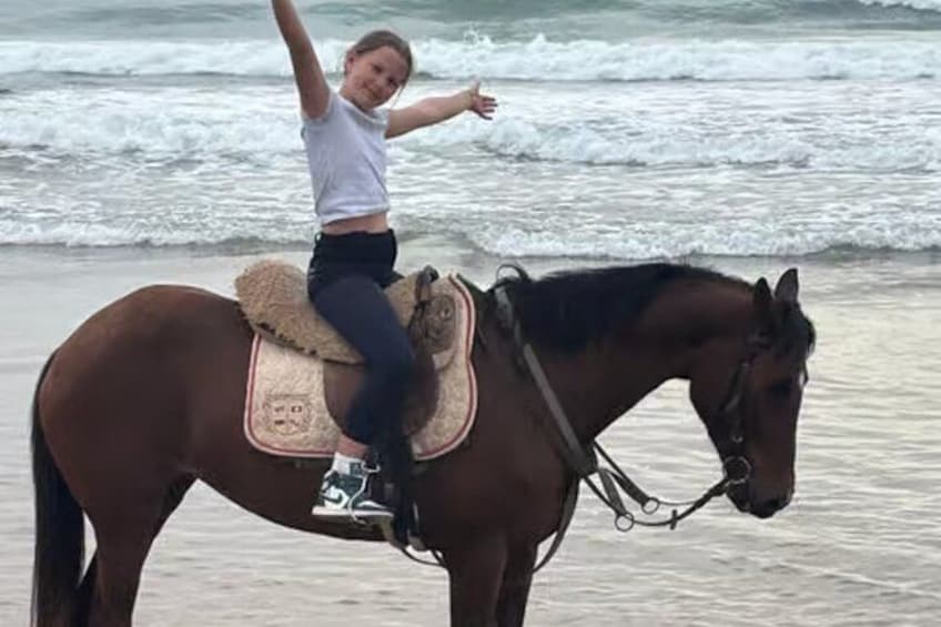 A person riding a horse on a beach with waves in the background. 5