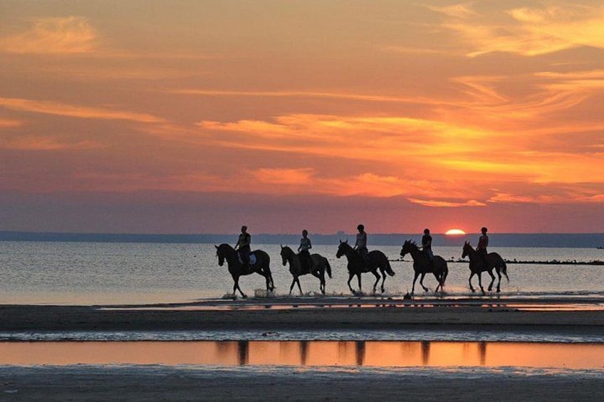 A sunset over a beach with silhouettes of people riding horses. 2