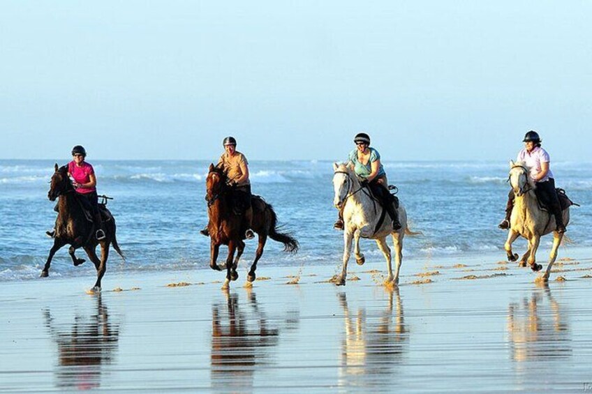 Drie personen te paard op een strand, met de oceaan op de achtergrond. 2
