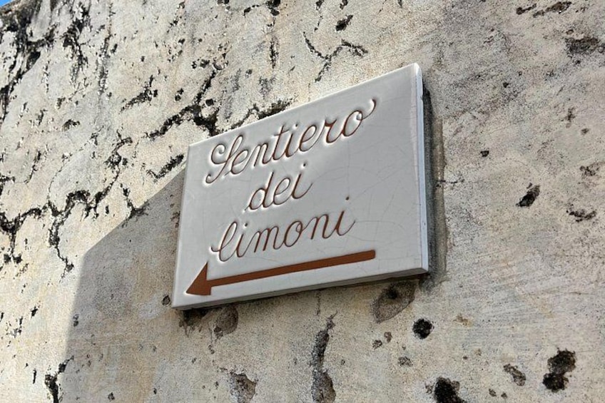 Un cartel con el texto 'Gentiero dei limoni' y una flecha señalando a la derecha. 2