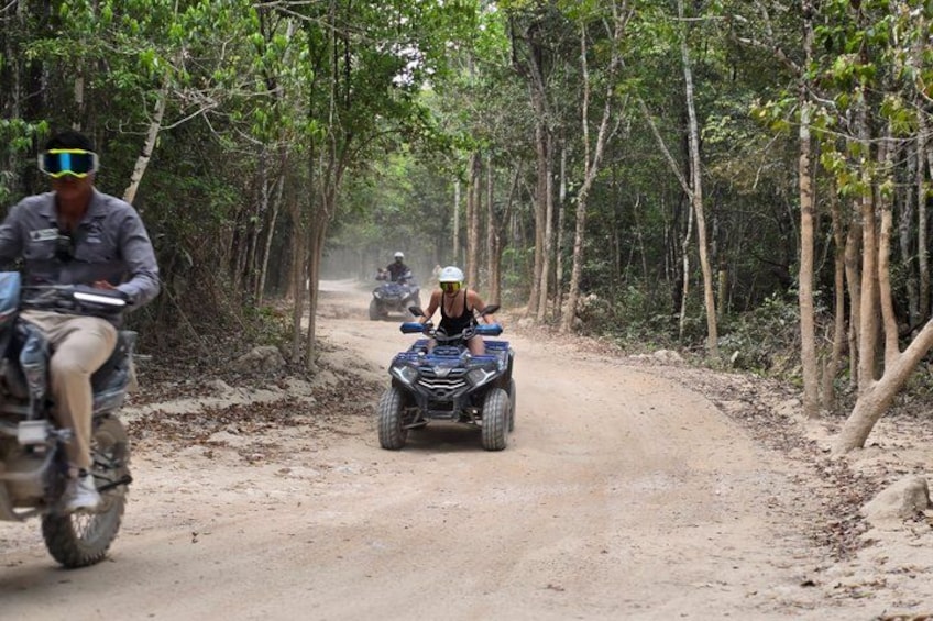 A dirt road flanked by trees, with off-road vehicles in motion. 4