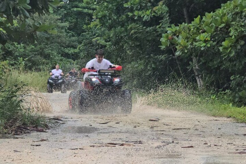 A person riding a red ATV on a dirt path surrounded by greenery. 4