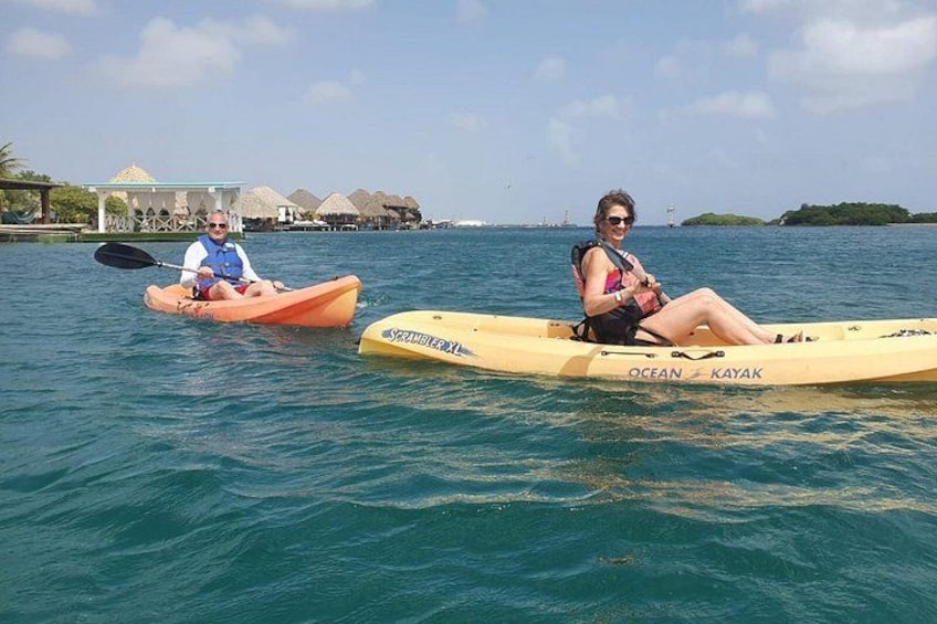 Two people kayaking on a calm sea with a tropical backdrop. 5