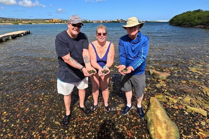 Three people standing on a rocky shore by a body of water. 2