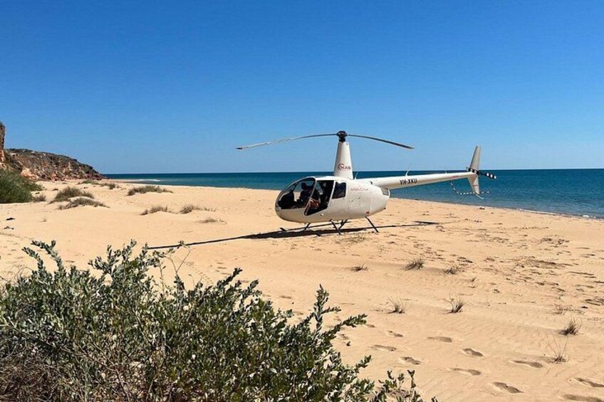 Un hélicoptère blanc est garé sur une plage de sable, avec l’océan en arrière-plan. 4