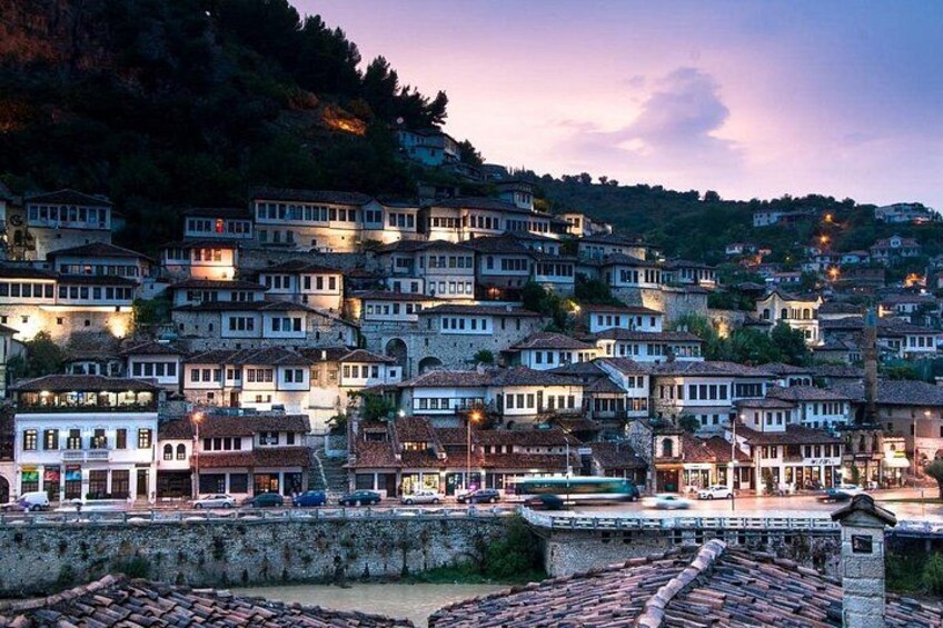 A hillside settlement with terraced houses, a stone wall, and a bridge. 1