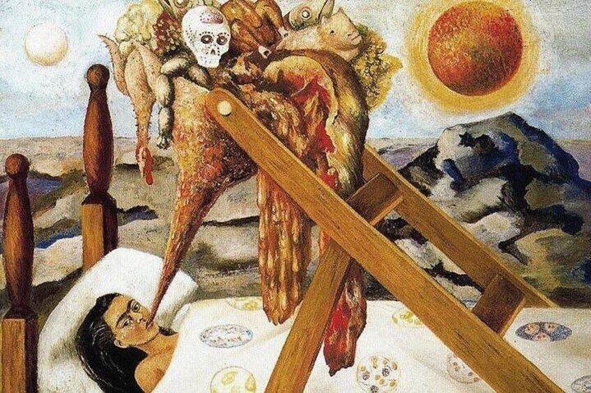 Un paisaje surrealista con una persona acostada en una cama, un esqueleto y un conejo. 4