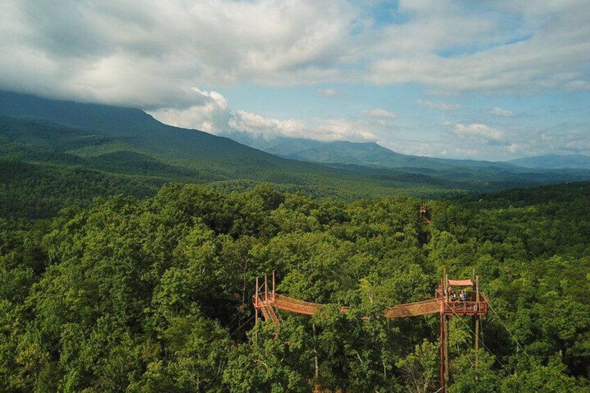 A forested mountain landscape with a wooden observation tower. 3