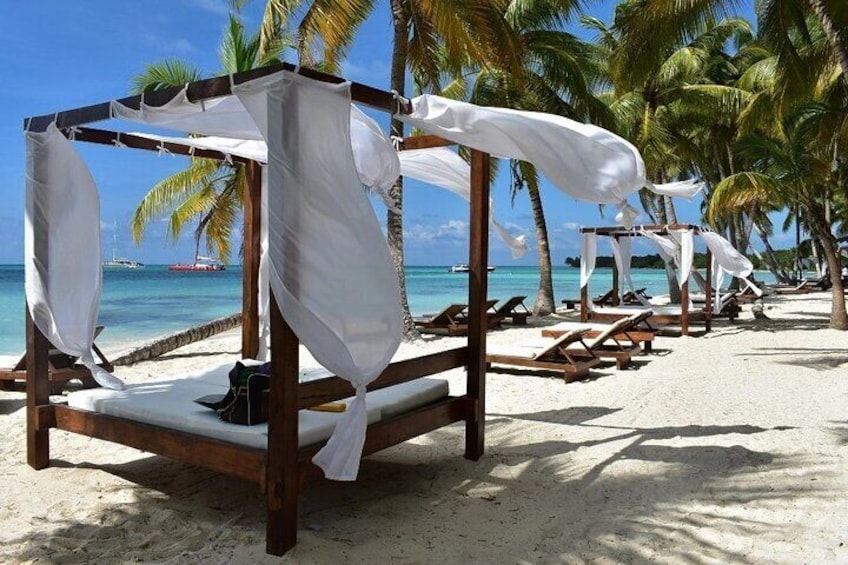 Une plage avec des transats en bois et des parasols blancs, des palmiers et une mer d’un bleu limpide. 4